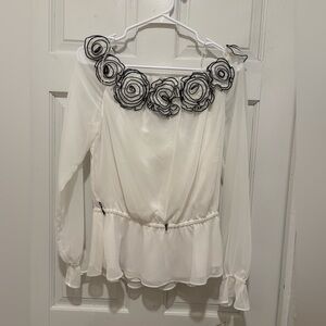 Adrianna Papell White Blouse with Black Floral Accents